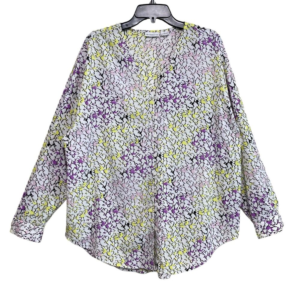 Liz Claiborne Button-Up Blouse Womens XL Purple Yellow White Floral Long Sleeve